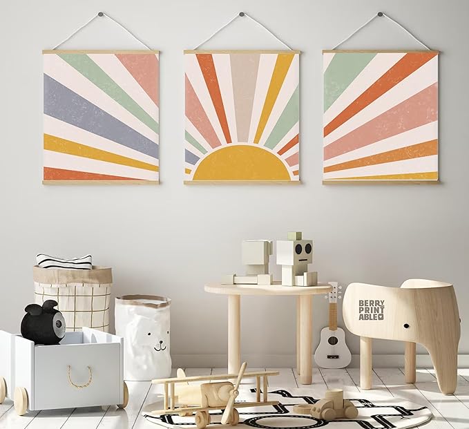 3 Pieces Nursery Boho Canvas Wall Art Rainbow Sun Rising on the Horizon Geometric Nature Illustration Line Pictures Wall Decor Posters Prints for Toddler Kids Room Home Decoration Unframed