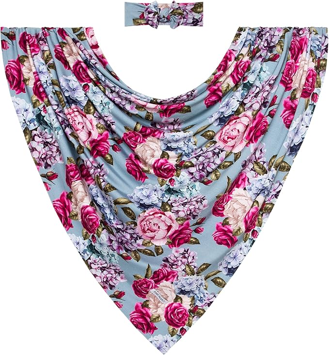 Posh Peanut Swaddle Blanket & Headband Set – Viscose from Bamboo Stretchy Baby Swaddle for Newborn Girls, Receiving Blanket or Nursing Cover (Lacey)
