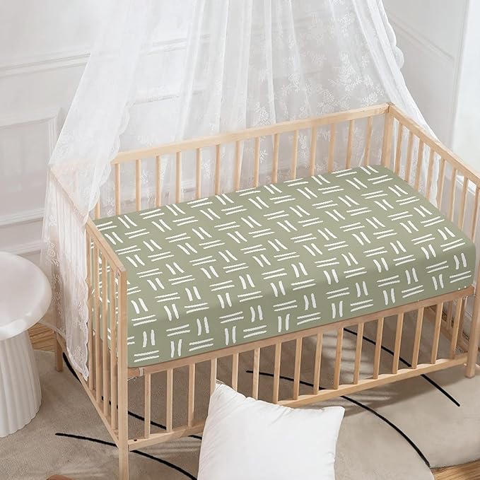 Sage Green Geometric Fitted Crib Sheet for Boys Girls Tribal Southwest White Line Stripe Baby Sheet for Standard Crib and Toddler Nursery Bed Mattress Sheets 28"x52"