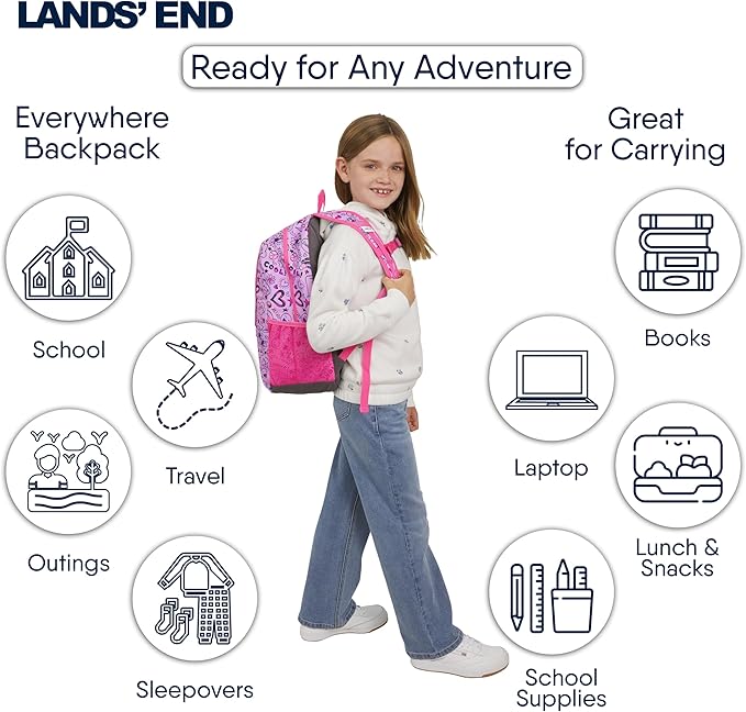 Lands' End Unisex Kids Medium ClassMate Lightweight Durable Elementary School Backpack, Fuchsia Pink
