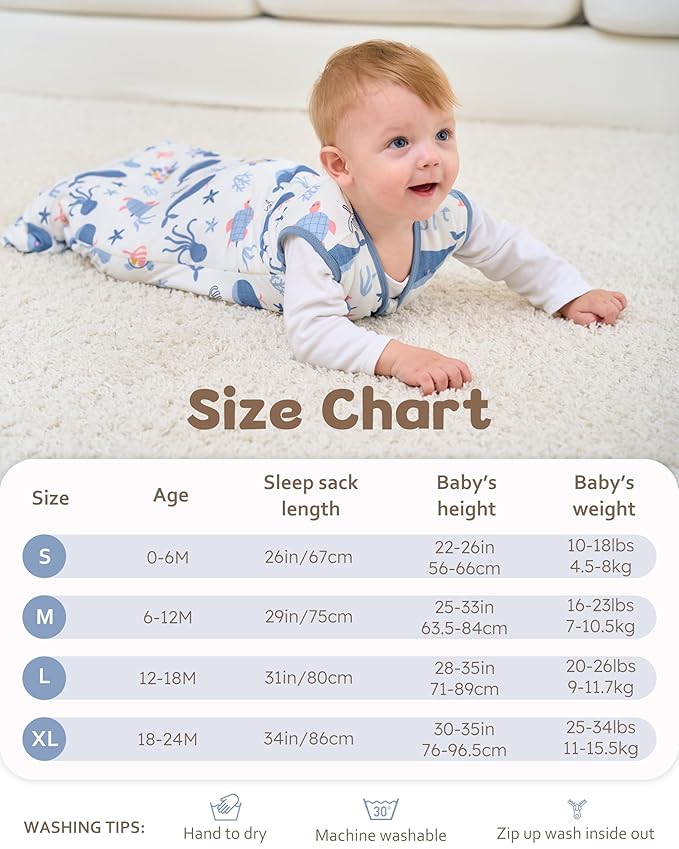 Rayon Made from Bamboo Baby Sleep Sack 0-6 Months, 1.0 Tog Baby Wearable Blanket, Soft Sleeping Bag for Newborn Infant Babies with 2-Way Zipper 2 Pack (Small) Blue Whale