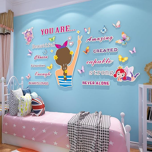 3D Inspirational Wall Stickers for Girls Room Decor Wall Decals Peel and Stick for Girls Bedroom Large Pink Decor for Nursery Toddler Princess Art Pictures Kids Murals Wallpaper