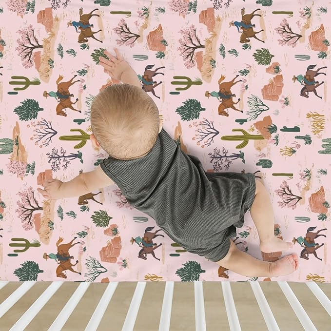 Retro Western Cowboy Pink Baby Crib Sheets for Boy Girl 52"x28" Vintage Cowboy Cactus Soft Stretchy Fitted Crib Mattress Cover Wild Desert Baby Sheet for Standard Crib and Toddler Bed Mattress