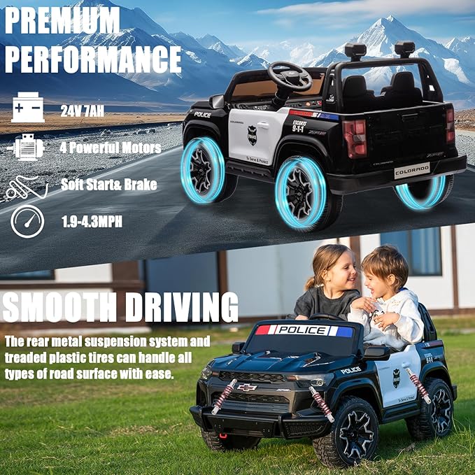 FINITO 24V Ride on Electric Licensed Chevrolet Colorado 2025, Police Car Paint, Dual Drive Mode, LED Light, Truck Storage, Bluetooth Music Player, Gift for Boys and Girls, for 3+ Kids (Police Black)