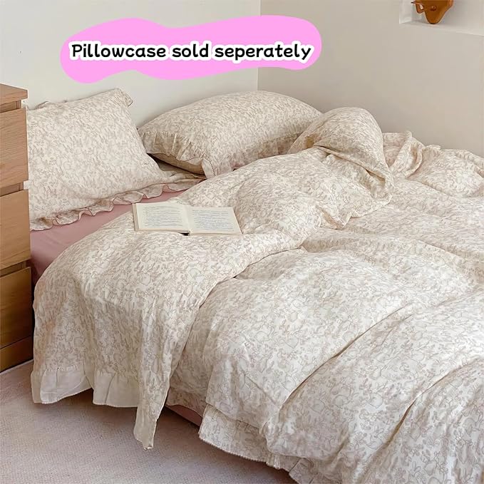 BuLuTu Flower Rabbit Print Duvet Cover Twin, Soft Breathable Muslin Cotton Quilt Cover 68"x86", Girls Boys Comforter Cover with Chic Ruffles, Zipper Closure, Corner Ties, All Seasons