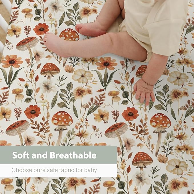 Boho Mushroom Floral Leaves Baby Crib Sheets for Boy Girl 28"x52" Vintage Mushrooms Soft Stretchy Fitted Crib Mattress Cover Retro Mushroom Nursery Baby Sheet for Standard Crib and Toddler Mattress
