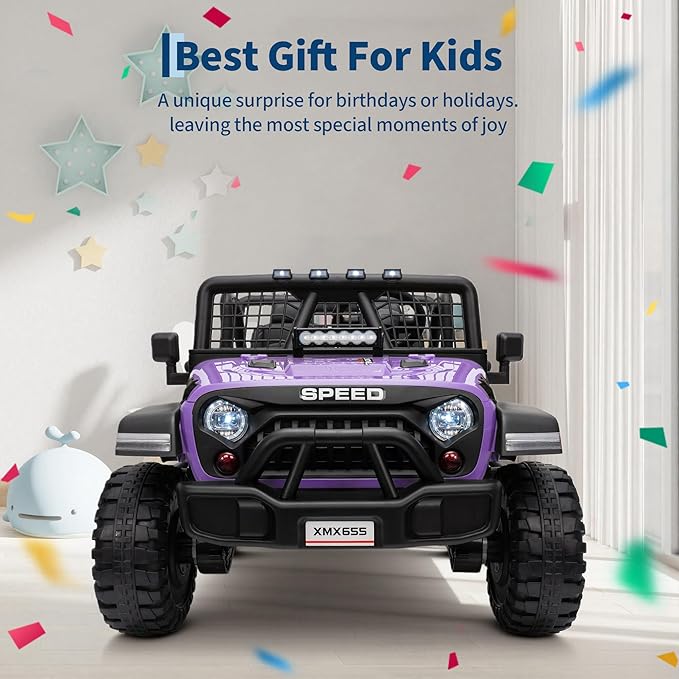 24V 2-Seater Kids Electric Truck with Parent Remote Control, 100Min Ride-on Car, 4WD Dual Motor, 2 Speeds, Spring Shock Absorber, LED Headlights, Siblings Gift Kids Electric Vehicle, Purple