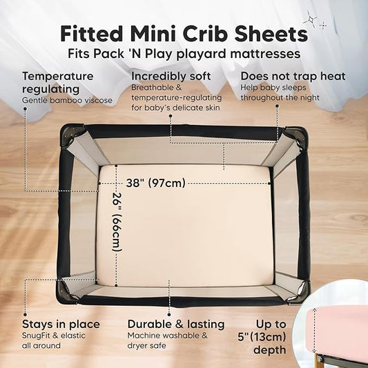 Pack and Play Sheets Fitted - 2-Pack Mini Crib Sheets for Pack N Play Mattress 38x26, Soft & Cozy, Neutral Toddler Playard Bedding, Snug Fitted Mini Baby Crib Mattress Cover Boy, Girl (Cameo)
