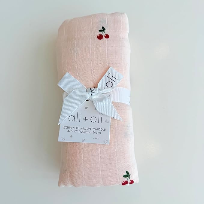 Ali+Oli Muslin Swaddle Blanket for Baby (Cherry) Large 47" x 47" Soft Rayon Made from Bamboo & Organic Cotton, Machine Washable Receiving Blanket Wrap for Newborn to Toddler