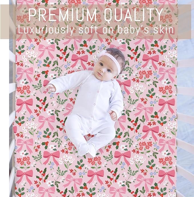 Preppy Pastel Floral Bows Baby Crib Sheets Pink Girly Floral Bows Soft Snug Fitted Crib Mattress Covers for 52''x28'' Standard Crib & Toddler Mattress Christmas Flowers Cherry Fir Leaves Bed Sheets