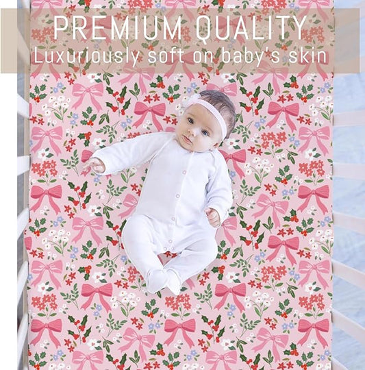 Preppy Pastel Floral Bows Baby Crib Sheets Pink Girly Floral Bows Soft Snug Fitted Crib Mattress Covers for 52''x28'' Standard Crib & Toddler Mattress Christmas Flowers Cherry Fir Leaves Bed Sheets
