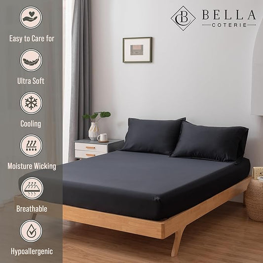 Bella Coterie Luxury Bamboo Viscose Cal King Size Fitted Sheet | 100% Organically Grown | Ultra Soft | Cooling for Hot Sleepers | 18" Deep Pocket [Black]