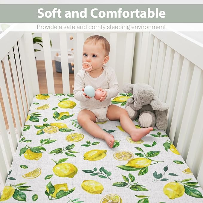 Watercolor Lemons Baby Crib Sheets for Boy Girl 28"x52" Retro Yellow Lemon Green Leaves Soft Snug Fitted Crib Mattress Cover Tropical Summer Fruits Baby Sheet for Standard Crib & Toddler Bed Mattress