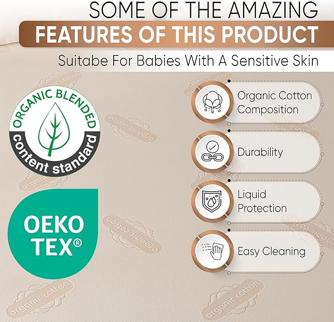 Deluxe Organic Crib Mattress Protector Pad – Waterproof & Breathable Organic Cotton Cover for Baby & Toddler Beds – Premium 280 GSM Knitted Jacquard, Soft Jersey Skirt
