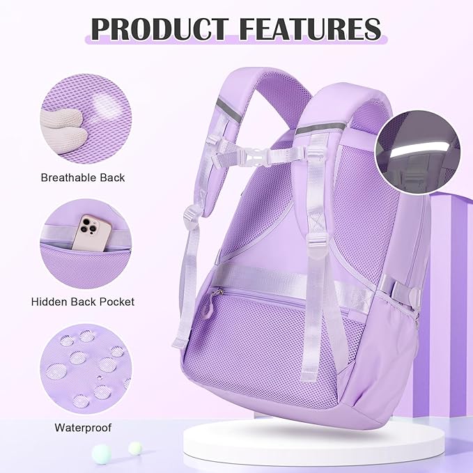 DIGOBAY Backpack for Girls - 3PCS Girls Backpack with Lunch Box & Pencil Pouch Plaid School Backpacks for Elementary Middle High College School Bookbag for Teen Girl Kids Students Purple