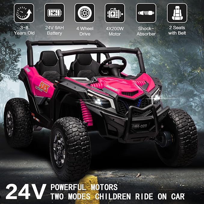MOLACHI 24V Kids UTV with Remote Control, 2 Adjustable Seater 4WD Ride On Toy for Big Kids Ride On Truck with EVA Wheels, 3 Speeds Vehicle, LED Lights, 4 Shock Absorbers, Music & Horn, Bluetooth, Pink