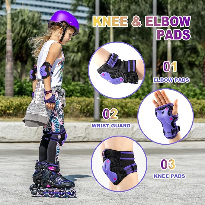 2PM SPORTS Knee Pads for Kids, Wrist Guards Knee and Elbow Pads Set with Drawstring Bag, Protective Gear Set for Girls Boys Roller Skating Cycling Skateboard