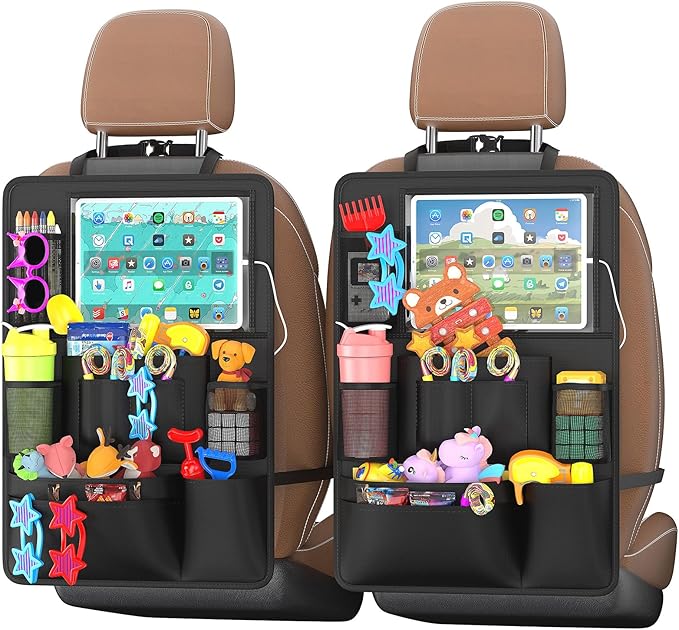 Oneyus Backseat Car Organizer with Touch Screen,Kick Mats Back Seat Protector with 10 Storage Pockets,Car Seat Back Organizers Storage for Snacks Drinks Toy Umbrellas for Kids Road Trip