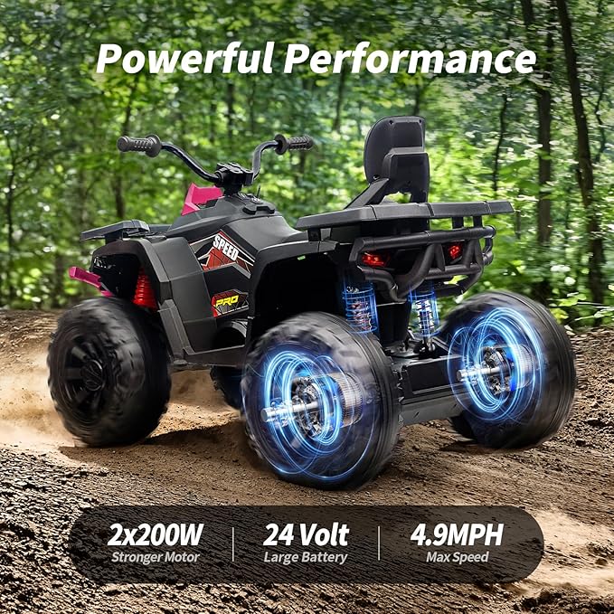 Kids ATV 4 Wheeler, 24V Ride On Toy Car for Big Kids with 400W Motor, 2 Seater - Pink