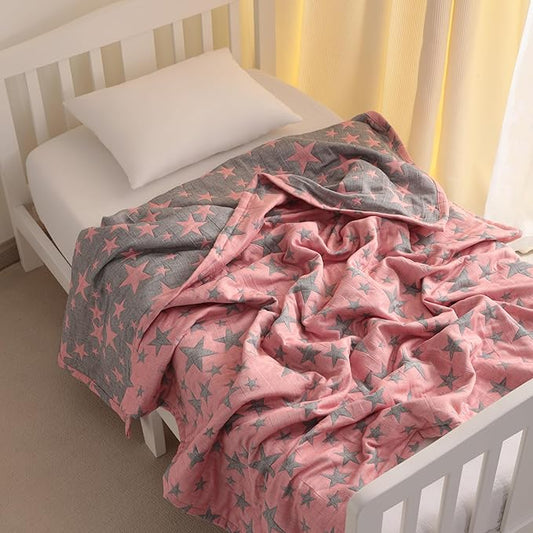 NTBAY 3 Layer Toddler Blanket, Muslin Cotton Jacquard Bed Blankets, Lightweight Thermal Baby Blanket, Super Soft and Warm Crib Blanket for All Seasons, Decoration Gift, 45"x60", Red and Black Star