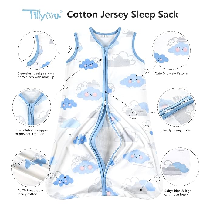TILLYOU 2 Pack Infant Sleep Sack 0-6 Months 100% Cotton Wearable Blanket 0.5 TOG Sleeveless Summer Sleep Sacks with 2-Way Zipper, Small Cloud & Blue