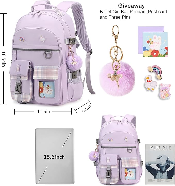 KIDNUO Backpack for Girls, 15.6 Inch Laptop School Bag Kids Kindergarten Elementary College Backpacks Large Bookbags for Teen Girl Women Students Casual Travel Daypacks (Purple)