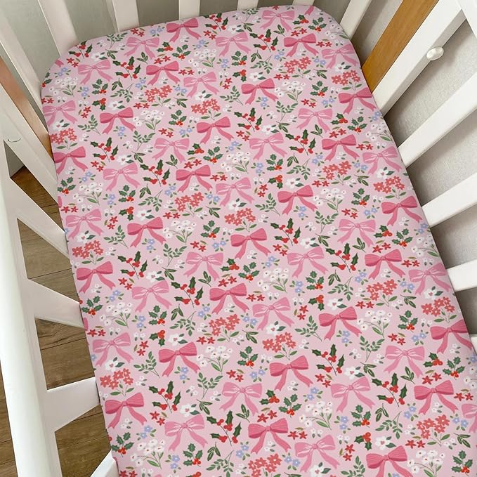 Preppy Pastel Floral Bows Baby Crib Sheets Pink Girly Floral Bows Soft Snug Fitted Crib Mattress Covers for 52''x28'' Standard Crib & Toddler Mattress Christmas Flowers Cherry Fir Leaves Bed Sheets