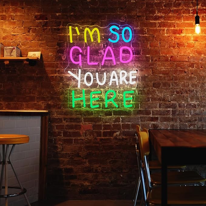 I'm So Glad You Are Here Neon Sign Rainbow Words Dimmable Neon Light for Wall Decor Welcome LED Signs for Classroom USB Powered Colorful Light Up Sign School wedding Kid Room Party Business Wall Art