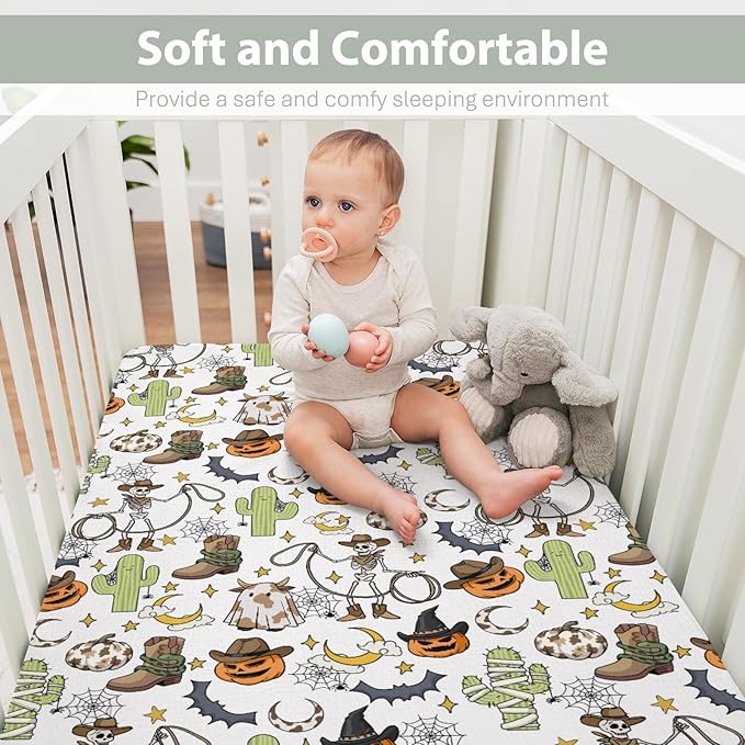 Western Halloween Cowboy Baby Crib Sheets for Boy Girl 52x28Inch Spooky Skeleton Pumpkin Cactus Witch Bats Soft Snug Fitted Crib Mattress Cover Wild West Country Baby Sheet for Crib & Toddler Mattress