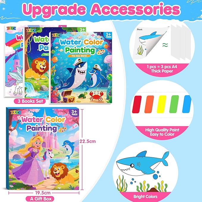 ZIZZ Paint with Water Coloring Books for Toddlers, 3 Pack Watercolor Painting Set for Kids Ages 3-5 4-8, No-Mess Drawing Activity Kit Art Craft Toy Birthday Gifts for Girl Boy | Princess, Forest & Sea