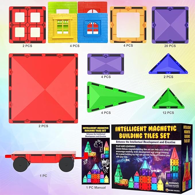 Magnetic Tiles Building Blocks Toy - STEM Educational Magnet Set for Kids, Creativity Preschool Learning Sensory Montessori Toddler Toys for Boys & Girls 3+ Years Old - 57PC