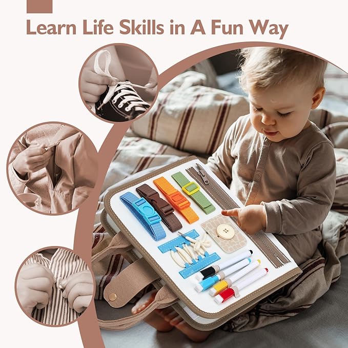 hahaland Montessori Busy Board for Toddlers Boy Toys Birthday Gift - Travel Toys - Dinosaur, Alphabet, Number, Shape, Drawing, Life Skills