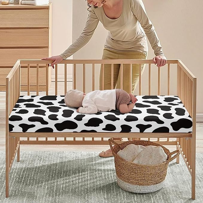 Cow Pattern Fitted Crib Sheet Black White Cowhide Baby Crib Sheet Fit Standard Crib and Toddler Mattress,Crib Mattress Sheets for Boys Girls 28"x52"