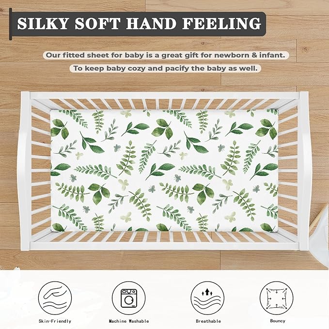Lovely Green Flower Fitted Crib Sheet Plants Baby Crib Sheet Fit Standard Crib and Toddler Mattress,Crib Mattress Sheets for Boys Girls 28"x52"