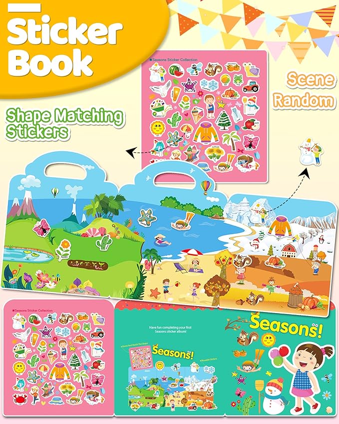 Benresive Reusable Sticker Books for Toddlers, Fun Travel Stickers for Kids, Toddler Sticker Book, Crafts Activities for Toddlers, 3 and Up Birthady Gifts - Season