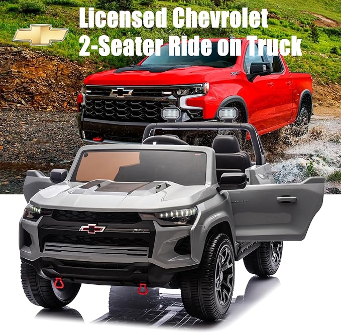 POSTACK 24V Official License Chevrolet Kids Ride On Car Side by Side 2-Seater Truck Battery Powered 4 Wheel with Remote Control Electric Car UTV Truck Car Children Toy Gifts for Boys and Girls Gray