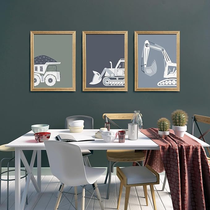 Construction Truck Kids Room Wall Art Deco Bulldozer Pictures Tractor Vehicle Poster Dump Truck Wall Art Boy Room Canvas Wall Decoration Baby Room Print Boy Bedroom 12x16 Inch Frame 3 Piece Set