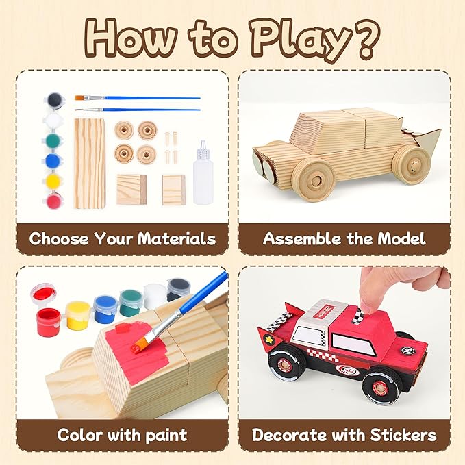 Wooden Build Paint Art Crafts Kit, Make Your Own Car Boat & Plane DIY Craft Toys for Kids Boys, STEM Educational Toy Set