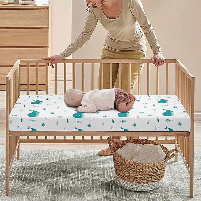 Blue Whale Anemons Fishes Seaweeds Waves Fitted Crib Sheet Blue Whale Baby Crib Sheet Fit Standard Crib and Toddler Mattress,Crib Mattress Sheets for Boys Girls 28"x52"