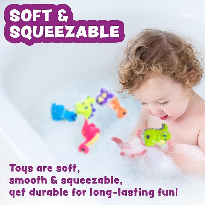 Tub Works® Dinosaur Mold Free Bath Toys, 12 Pack | Sealed, No Hole Bath Toys Design Keeps Moisture Out | Soft, Squeezable & Float on Water | Easy-Grip Baby & Toddler Bath Toy Set | Baby Pool Toys
