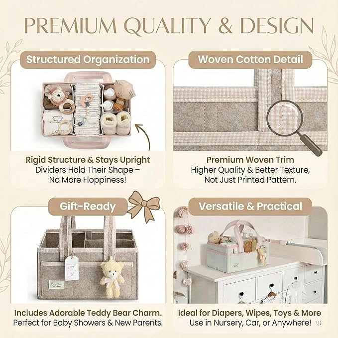 PeraBella XL Diaper Caddy Organizer With Handle, Baby Shower Gifts Basket Bag, Registry Search Must Haves Items, Newborn Girl Boy Nursery Storage Organizer, Baby Bag Essentials, Car Diaper Caddy Cart