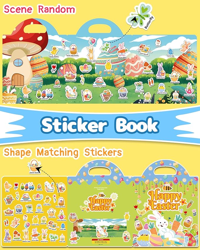 Benresive Reusable Sticker Book for Toddlers 2-4 Years, Fun Travel Stickers for Kids, Waterproof Sticker Books for Toddlers 1-3, Crafts Activities for Todddlers 1-3 2-4 3-5 - Easter