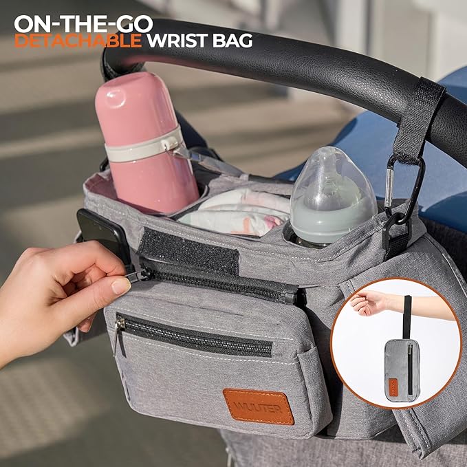 WUUTER Stroller Organizer with Cup Holder Detachable Wristlet Large Capacity Baby Stroller Bag for Mom, Fits Uppababy, Baby Jogger, Britax, BOB, More (Grey)