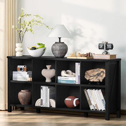 Joaxswe 8 Cube Book Shelf, Farmhouse Wood Long Storage Organizer Bookcase, 62" Horizontal Black Console Closet Bookshelf, Hallway TV Stand for Entryway, Display Cabinet Book Case for Living Room