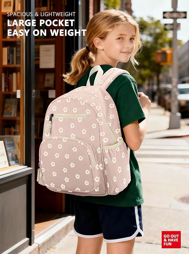 atgark Corduroy Kids Backpack for Girls, Girls Backpack 5-9, Kindergarten Elementary School Bookbag for Girl 15.3" H Fit Folder