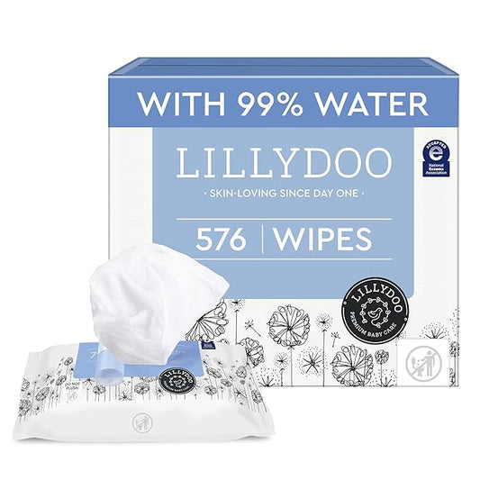 LILLYDOO Baby Wipes with 99% Water – Unscented, Hypoallergenic, Plant-Based, Strong & Plastic-Free, Compostable, 8 resealable Packs x 72 (576 Wipes Total)