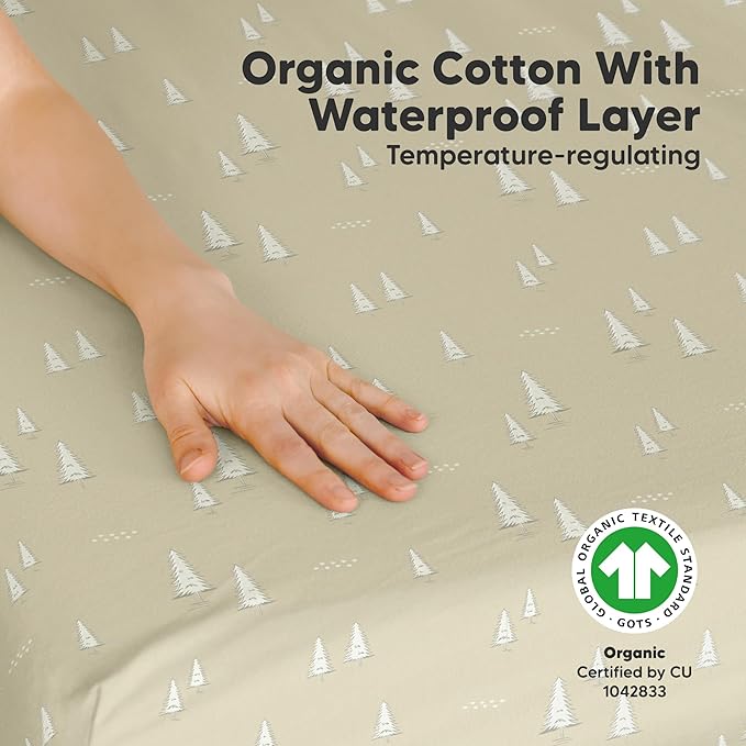 2 Pack and Play Sheets, Waterproof Mini Crib Sheets Fitted - 38x26 Organic Cotton Pack N Play Sheets for Graco Pack and Play Mattress, Playard Baby Crib Sheets,Neutral for Boy,Girl,Toddler(Pine Grove)