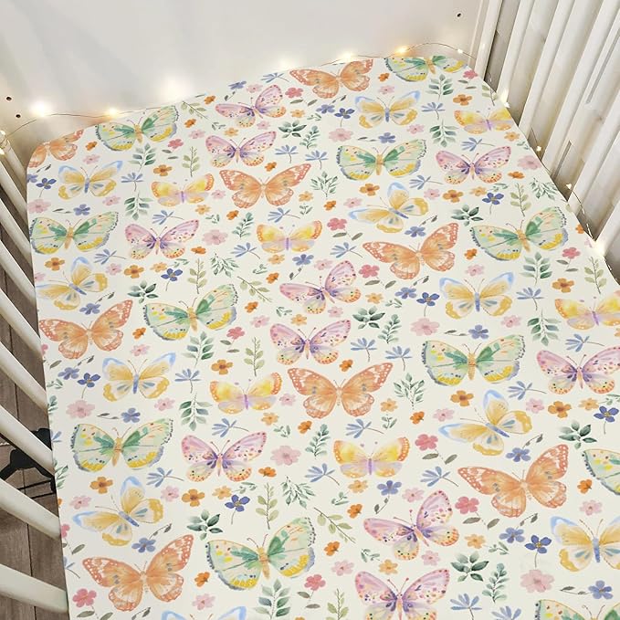 Watercolor Butterflies Spring Floral Baby Crib Sheets Boy Girl 52"x28" Pastel Flowers Leaves Soft Stretchy Fitted Crib Mattress Cover Easter Garden Baby Sheet for Standard Crib and Toddler Mattress