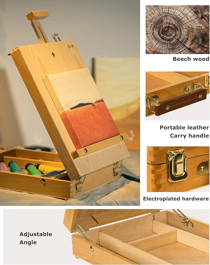 DJAR Tabletop Art Easel for Painting, Solid Beech Wood Desktop Sketchbox, Adjustable Portable Art Drawing Easel for Student Artist Beginner