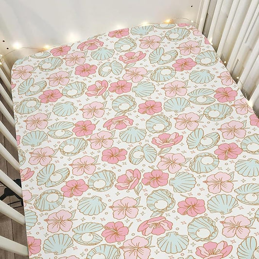 Boho Summer Mermaids Floral Baby Crib Sheets for Boy Girl 52"x28" Beach Seashells Conch Tropical Flowers Soft Snug Fitted Crib Mattress Cover Ocean Marine Baby Sheet for Crib & Toddler Bed Mattress